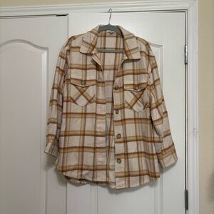 LOFT Plaid Shacket in Cream and Brown